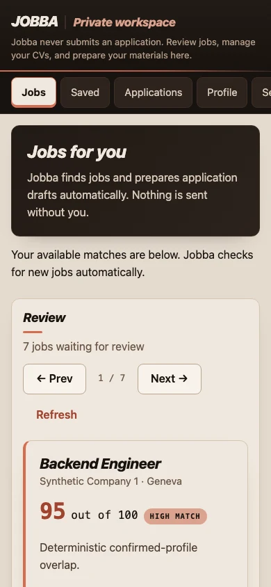 Jobba web app on a phone, with synthetic demonstration jobs